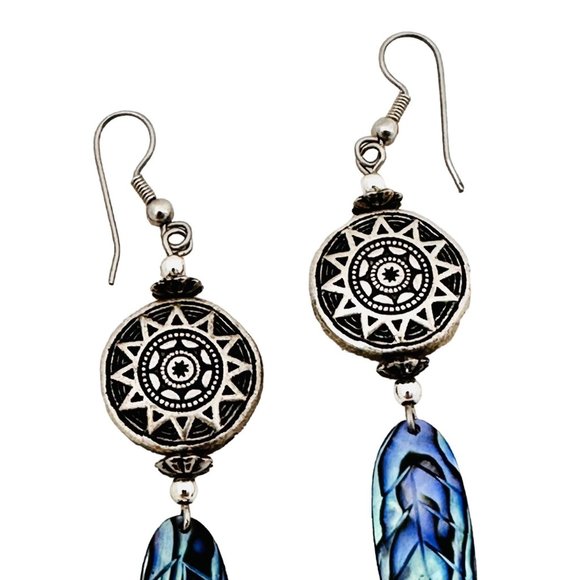 Silver Tone Earrings with Blue Paua Shell Drop - Picture 4 of 5